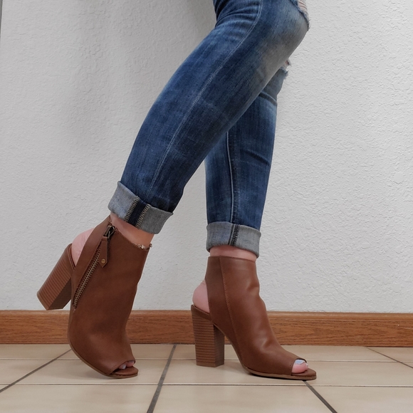 cognac peep toe booties